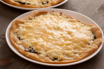 Pie with cheese in a white plate on wooden table