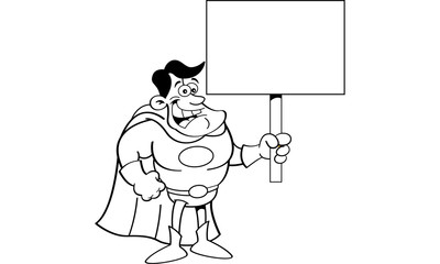 Black and white illustration of a superhero holding a sign.