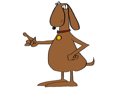 Illustration Of A Brown Dog Pointing With One Finger And Another Paw On Its Hip.