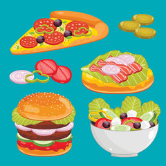 Fast food menu set. Hamburger, pizza slice, greek salad and bacon. Vector illustration. 