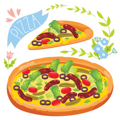 Slice of sausage pizza isolated on white background, vector illustration.