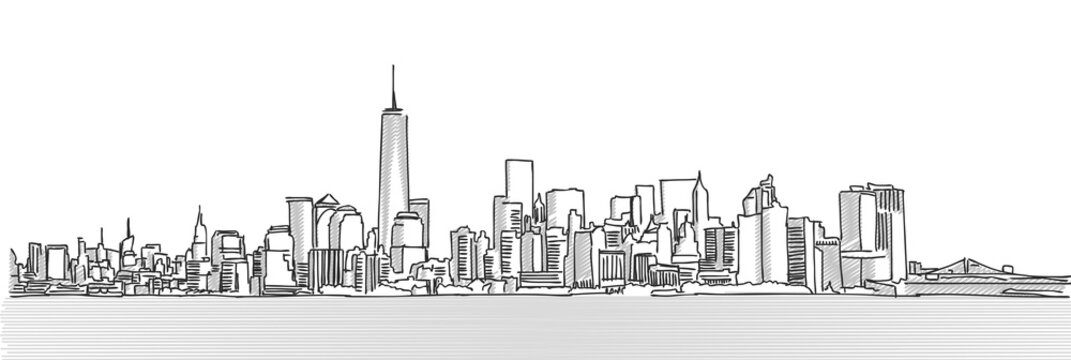 New York City Panorama Skyline, Free Hand Sketch, Vector Drawing