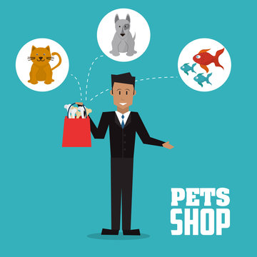 Pet shop with dog, cat, fish and man design, Vector illustration