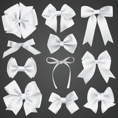 Big set of realistic white gift bows and ribbons