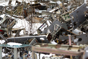 UKRAINE. Chernobyl Exclusion Zone. - 2016.03.20. Old metal parts at the abandonet soviet military base