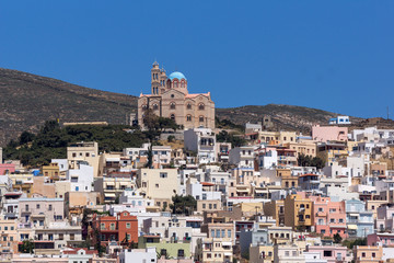 Fototapeta na wymiar Orthodox Anastaseos church and panorama to Ermopoli, Syros, Cyclades Islands, Greece 