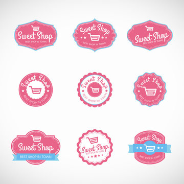Pink Sweet shop and shopping cart banner vector vintage logo