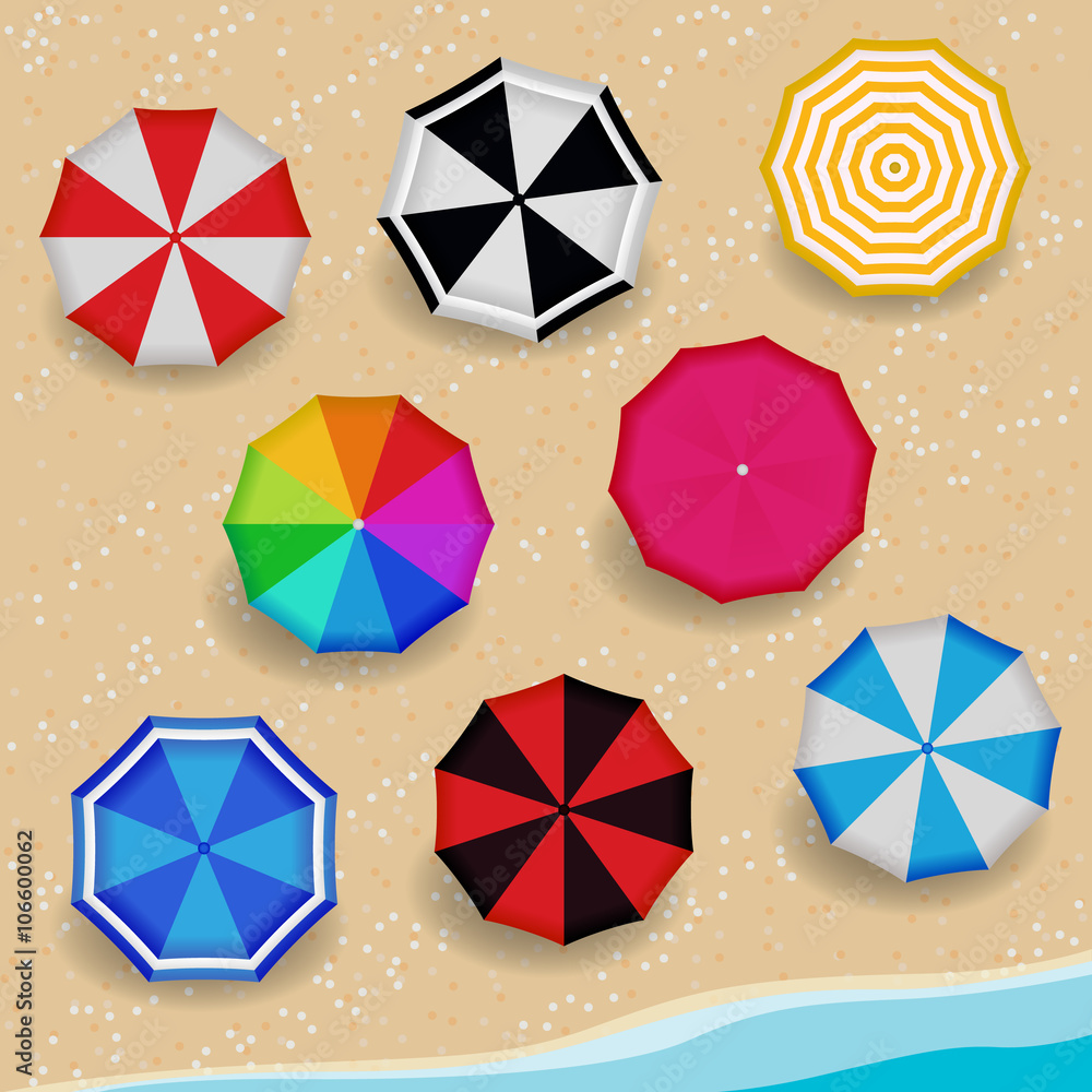 Poster top view colorful pattern color umbrella on the beach