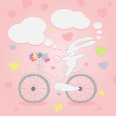 Funny little white Bunny on Bicycle