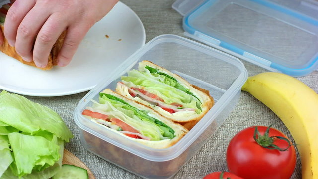 Woman made sandwiches and putting them into the lunch box