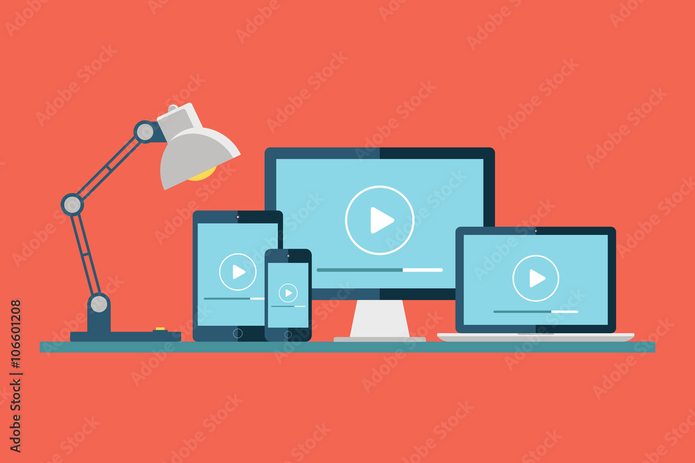 Poster desktop computer, laptop, tablet and smartphone with play button on the screen. play icon. video pla