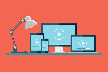 Desktop computer, laptop, tablet and smartphone with play button on the screen. Play icon. Video player. Media player. Vector illustration.