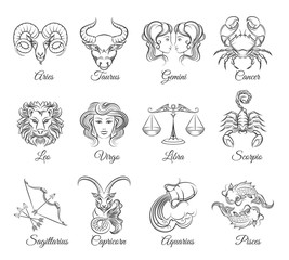Zodiac graphic signs vector. Astrological zodiac symbols or zodiac icons
