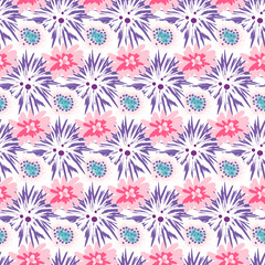 Spring wild velvet and rose flower field seamless pattern. Floral tender fine summer dense vector pattern on white background. For fabric textile prints and apparel.