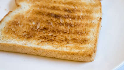 The close up of tasty bread toast on white plate.