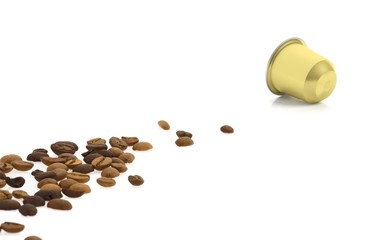 Golden coffee capsule and coffee beans, isolated on white background.