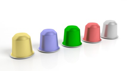 Colorful coffee capsules, isolated on white background.
