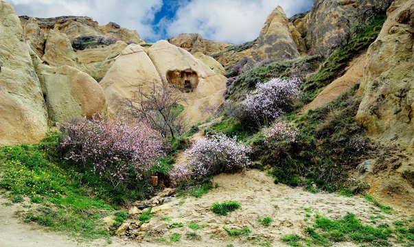 Dwelling of the hermit / Cave in the rock that served as a dwelling hermit-Christian in the beginning of our era. The Area Of Cappadocia, Turkey. Filmed during the tour of the Mediterranean