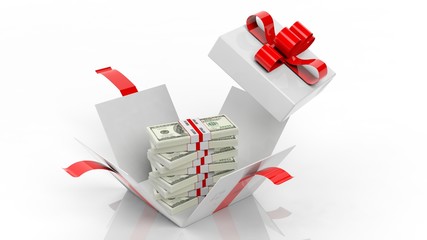 100 dollar banknotes stacks in opened giftbox with red ribbon, isolated on white background