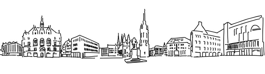 Halle Saale Marktplatz mit Händel Statue und Kirchentürmen