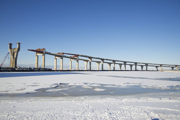 The construction of the Central section of the Western high-speed diameter in the Gulf of Finland. Saint-Petersburg, Russia