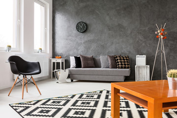 Grey living room with trendy home decorations