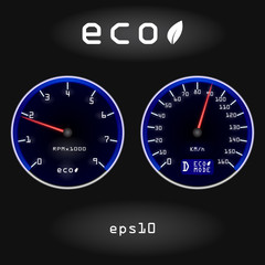 Abstract car speedometer and tachometer on black background
