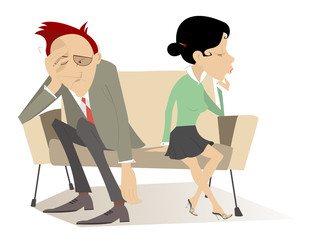 Obraz premium Disappointment. Man and woman in low spirits sit on the contrary edges of the sofa 
