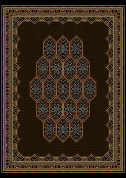 Luxury motley carpet with bright ornaments on brown center
