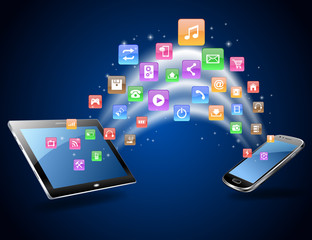 Futuristic Mobile Phone Vector Illustration with Holographic World Map and Social Media Icons