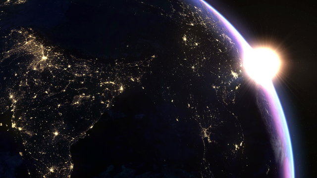 Asia at night. Extremely detailed image, including elements furnished by NASA. 3d animation with some light sources, reflections and post-processing. 