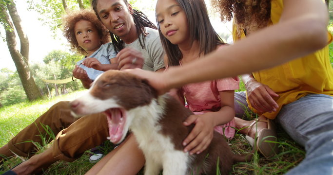 Handsome dad laughs as his beautiful wife gets puppy kisses.