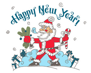 stylized holiday greeting Santa Claus in red gloves and  gifts i