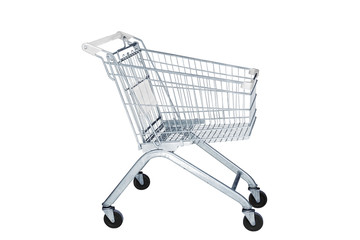 Shopping cart in marketing shop isolated on white background