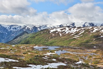 Fototapeta na wymiar Norway hiking area - mountain village in Hordaland county.