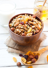 Granola in a wooden bowl.