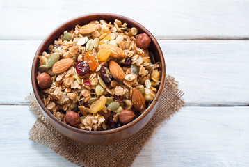 Granola in a wooden bowl.