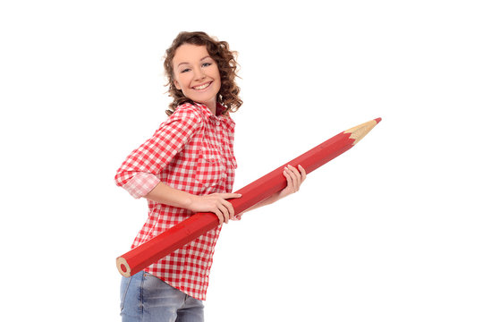 smiling young woman with giant red pencil