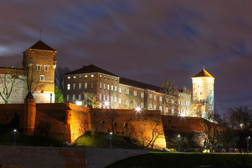 Wawel Castle in the night in Krakow, Poland
