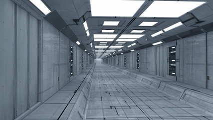 3d render. Futuristic spaceship interior corridor