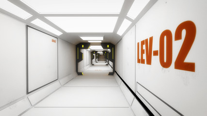 3d render. Futuristic spaceship interior corridor