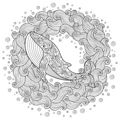 Hand drawn whale in the waves for antistress Coloring Page