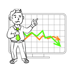 Experiencing emotional character of the trader. Design for a presentation showing the situation. Stock graph, the decline in sales or reduction in the value of assets on the exchange.
