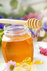Flower honey in glass jars
