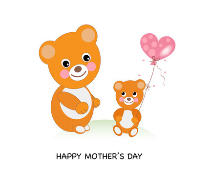  Happy Mother's Day greeting card. Cute bears celebrating Mother's Day. Teddy bear holding a heart balloon in hand vector