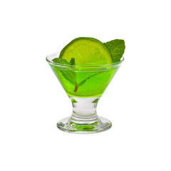 Lime and Mint, Green Vodka Drink Isolated on white background. Selective focus.