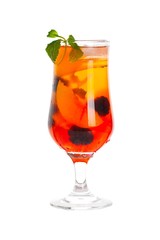 Peach and Blackberry Drink isolated on white background. Selective focus.