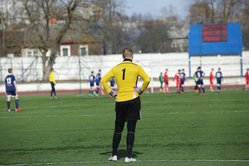 Rear view of soccer goalkeeper