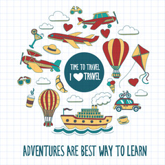 Hand drawn images Travel and transportation