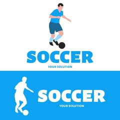 Fototapeta na wymiar Vector logo football. Brand logo in the form of a football player with the ball.